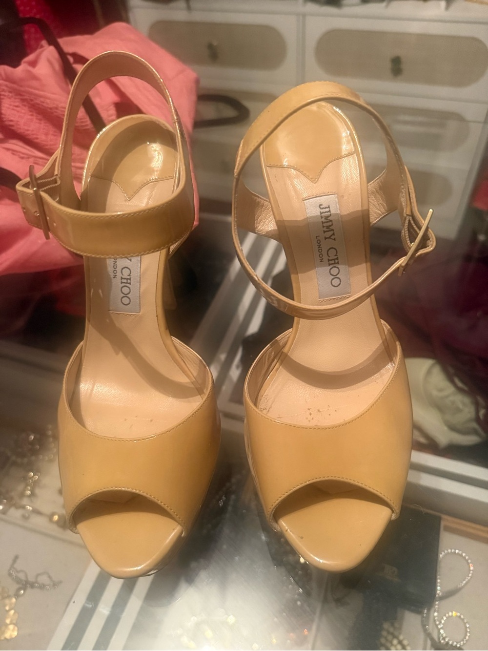 Jimmy Choo Mustard Leather Peep-Toe Slingback Heels
